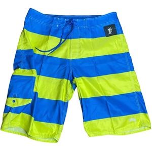 Stussy Blue & Greem Striped Swim Trunks, New Size 34 Mens